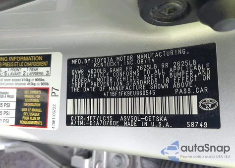 2014 Toyota Camry Se from USA, damaged, VIN 4T1BF1FK9EU860545